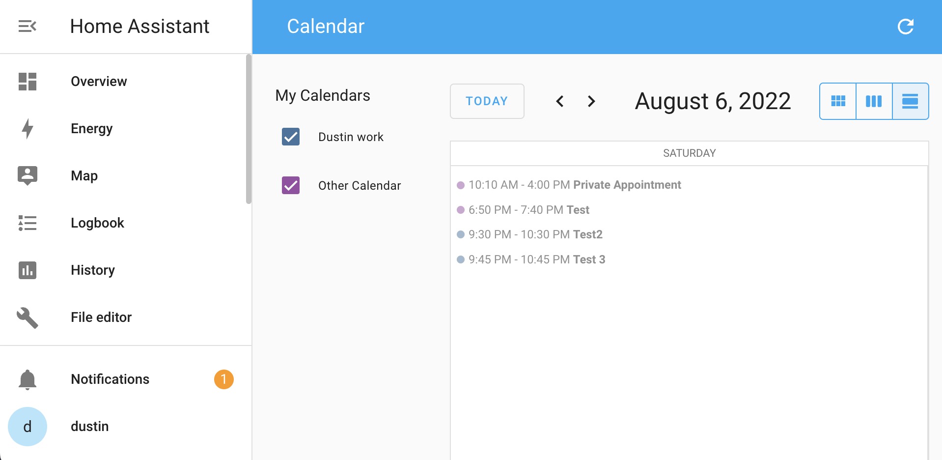 Home Assistant calendar with test events